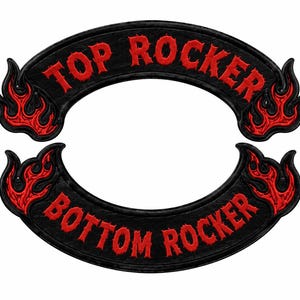May include: Two curved embroidered patches with black backgrounds and red borders. The top patch features the text TOP ROCKER in red, and the bottom patch features the text BOTTOM ROCKER in red. Both patches have red flame designs on the ends.
