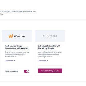 May include: A digital interface displaying an Integrations section for Yoast SEO with three white cards featuring Semrush, Wincher, and Google Site Kit logos. Each card includes descriptive text, a Learn more link, and an integration toggle switch.