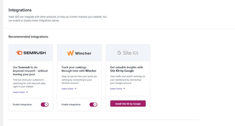 May include: A digital interface displaying an Integrations section for Yoast SEO with three white cards featuring Semrush, Wincher, and Google Site Kit logos. Each card includes descriptive text, a Learn more link, and an integration toggle switch.