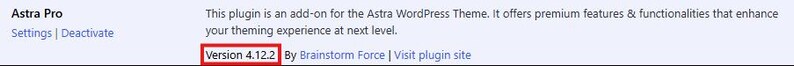 Puede incluir: Una interfaz digital para el complemento Astra Pro, una extensi&oacute;n del tema Astra de WordPress. El texto incluye el t&iacute;tulo Astra Pro, una descripci&oacute;n de sus funciones premium, settings, deactivate, Version 4.12.2, Brainstorm Force y visit plugin site.