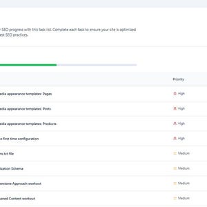 May include: A digital dashboard interface titled Task list with a Yoast SEO logo in the top left corner. The screen displays a progress bar showing 12 out of 23 tasks completed, followed by a table listing various SEO tasks with priority and duration.