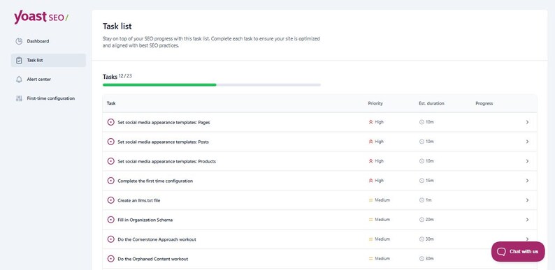 May include: A digital dashboard interface titled Task list with a Yoast SEO logo in the top left corner. The screen displays a progress bar showing 12 out of 23 tasks completed, followed by a table listing various SEO tasks with priority and duration.