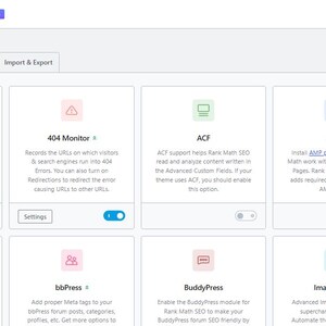 May include: A digital dashboard interface for Rank Math SEO displaying a grid of module cards including Content AI, 404 Monitor, ACF, AMP, Analytics, bbPress, BuddyPress, and Image SEO, with a sidebar menu on the left and settings toggles.