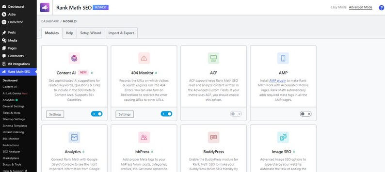 May include: A digital dashboard interface for Rank Math SEO displaying a grid of module cards including Content AI, 404 Monitor, ACF, AMP, Analytics, bbPress, BuddyPress, and Image SEO, with a sidebar menu on the left and settings toggles.