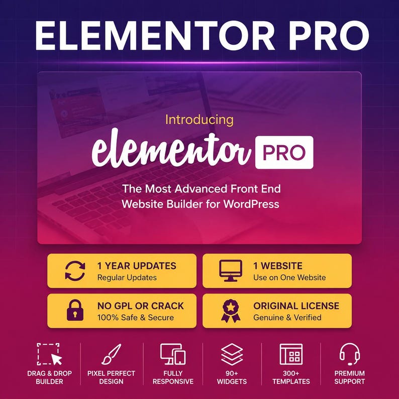 Elementor Pro Official License Key | Official WordPress Activation | 1 Year Updates | Latest Version image 1