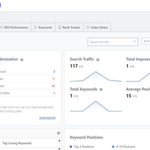 May include: A digital dashboard interface for Rank Math SEO displaying analytics data. The screen features an Overall Optimization circular chart with a score of 49, alongside line graphs for Search Traffic, Total Impressions, Total Keywords, and Average Position metrics.