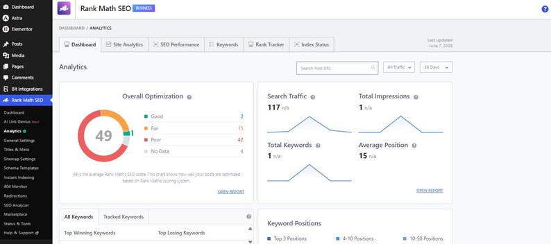 May include: A digital dashboard interface for Rank Math SEO displaying analytics data. The screen features an Overall Optimization circular chart with a score of 49, alongside line graphs for Search Traffic, Total Impressions, Total Keywords, and Average Position metrics.
