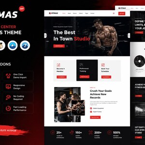 Puede incluir: Una vista previa digital del tema de WordPress FITMAS para gimnasios y centros de fitness, con una paleta de colores en negro, blanco y rojo. El diseño muestra secciones del sitio web, incluyendo imágenes de atletas y bloques de servicios.
