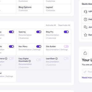 Puede incluir: Una interfaz de panel digital que muestra los m&oacute;dulos Astra Pro con varios interruptores de palanca para funciones como Colors & Background, Typography, Spacing y Blog Pro. Una barra lateral muestra enlaces de acceso r&aacute;pido y licencia.