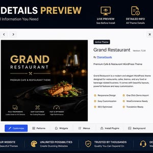 Puede incluir: Una interfaz digital que muestra la vista previa del tema de WordPress Grand Restaurant. La pantalla presenta un dise&ntilde;o oscuro con una imagen de un plato de salm&oacute;n, detalles del tema, versi&oacute;n 7.2.8 y un men&uacute; lateral para opciones de personalizaci&oacute;n.