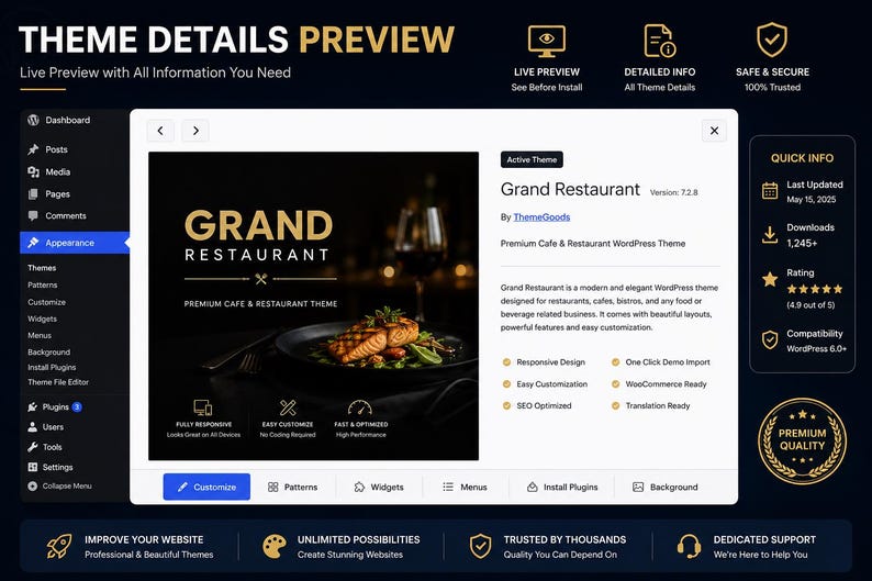 Puede incluir: Una interfaz digital que muestra la vista previa del tema de WordPress Grand Restaurant. La pantalla presenta un dise&ntilde;o oscuro con una imagen de un plato de salm&oacute;n, detalles del tema, versi&oacute;n 7.2.8 y un men&uacute; lateral para opciones de personalizaci&oacute;n.