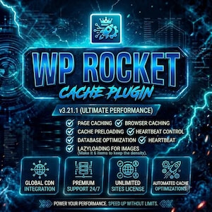 Pu&ograve; includere: Un grafico digitale per il plugin WP Rocket Cache v3.21.1, caratterizzato da un'estetica neon blu ed effetti fulmine. Elenca funzionalit&agrave; come la cache delle pagine, l'ottimizzazione del database e il lazyloading, con icone CDN e supporto.