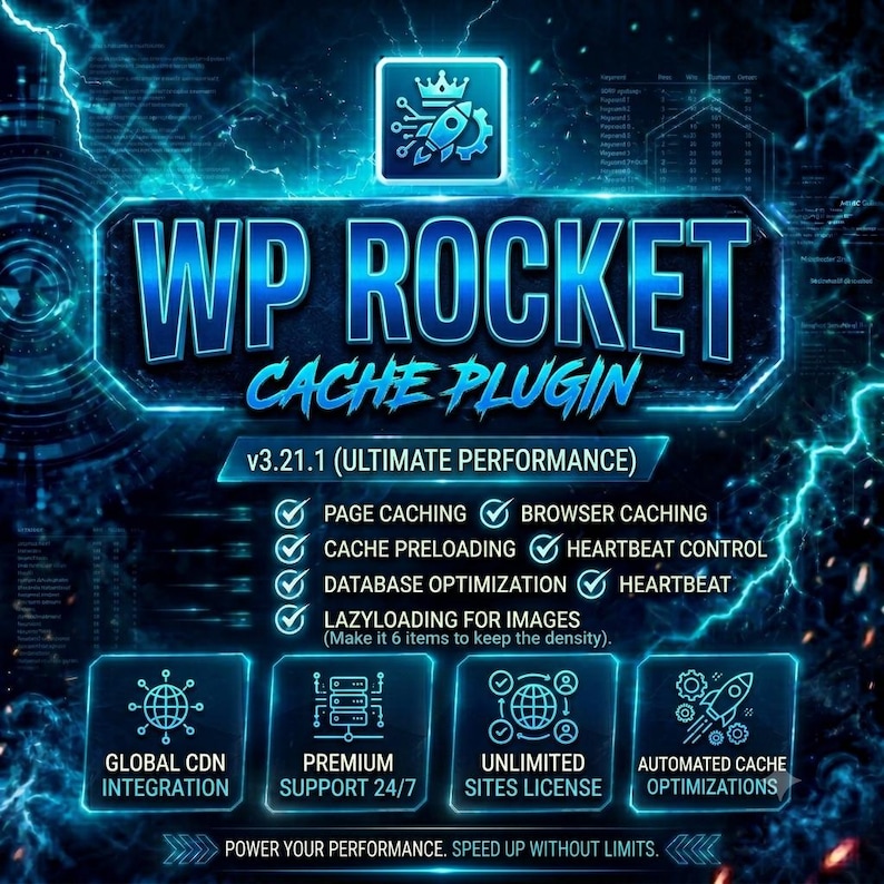 Pu&ograve; includere: Un grafico digitale per il plugin WP Rocket Cache v3.21.1, caratterizzato da un'estetica neon blu ed effetti fulmine. Elenca funzionalit&agrave; come la cache delle pagine, l'ottimizzazione del database e il lazyloading, con icone CDN e supporto.