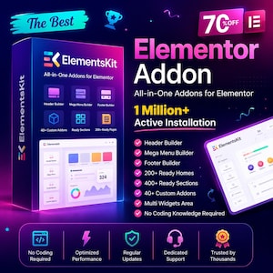 Peut inclure: Une boîte de produit numérique pour ElementsKit, un module tout-en-un pour Elementor, sur un fond dégradé bleu et violet. La boîte affiche du texte incluant 1 Million+ Active Installation, 70% OFF, et liste des fonctionnalités comme Header Builder, Mega Menu Builder et 40+ Custom Addons. Des icônes pour le support, la performance et les mises à jour sont en bas.