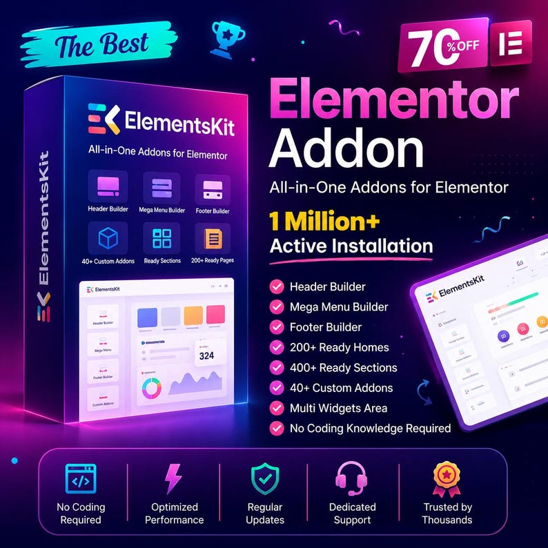 以下が含まれることがあります： Elementor用オールインワンアドオン、ElementsKitのデジタル製品ボックス。ダークブルーとパープルのグラデーション背景。ボックスには「1 Million+ Active Installation」、「70% OFF」などのテキストが表示され、「Header Builder」、「Mega Menu Builder」、「40+ Custom Addons」などの機能が記載されています。下部にはサポート、パフォーマンス、アップデートのアイコンがあります。