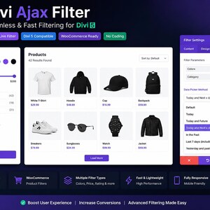 May include: A digital interface for Divi Ajax Filter displaying product filtering options including colors, price range, categories, and ratings. The layout features a grid of clothing and accessories with a settings panel for customizing filter parameters.