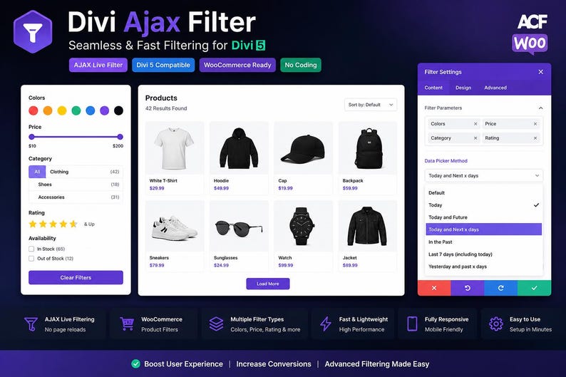 May include: A digital interface for Divi Ajax Filter displaying product filtering options including colors, price range, categories, and ratings. The layout features a grid of clothing and accessories with a settings panel for customizing filter parameters.