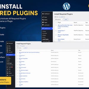 Puede incluir: Un gr&aacute;fico promocional azul oscuro para una herramienta de administraci&oacute;n de WordPress titulada Auto Install Required Plugins. Muestra dos capturas de pantalla de la interfaz del panel con una lista de plugins, junto a iconos amarillos y texto.