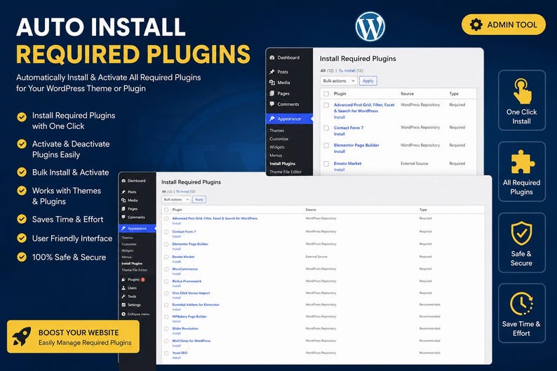 Puede incluir: Un gr&aacute;fico promocional azul oscuro para una herramienta de administraci&oacute;n de WordPress titulada Auto Install Required Plugins. Muestra dos capturas de pantalla de la interfaz del panel con una lista de plugins, junto a iconos amarillos y texto.