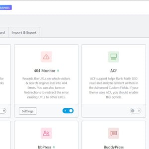 K&ouml;nnte beinhalten: Die Rank Math SEO Dashboard-Oberfl&auml;che zeigt eine Modulseite mit einem Seitenmen&uuml; auf der linken Seite. Der Hauptbereich enth&auml;lt rechteckige Karten f&uuml;r verschiedene Tools wie Content AI, 404 Monitor, ACF und AMP, jeweils mit Symbolen und Kippschaltern.