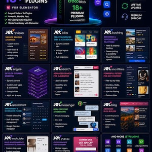 Puede incluir: Un gráfico promocional del paquete completo Crocoblock que incluye más de 18 complementos premium para Elementor. El diseño azul oscuro muestra varios módulos de software, incluidos JetReviews, JetTabs, JetBooking, JetEngine y JetSearch.