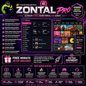 May include: A digital promotional graphic for Zontal Pro, an HTML5 game portal PHP script. The design features neon pink and purple accents on a dark background, showcasing dashboard interfaces, mobile views, and a list of features like AdSense readiness, SEO optimization, and 7000+ included games.