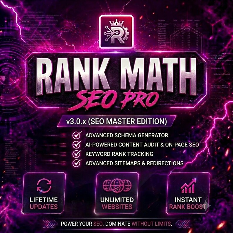 K&ouml;nnte beinhalten: Eine digitale Grafik f&uuml;r Rank Math SEO Pro v3.0.x SEO Master Edition mit einem violetten und pinken Blitzhintergrund. Der Text enth&auml;lt Funktionen wie einen erweiterten Schema-Generator, KI-gest&uuml;tzte Inhaltspr&uuml;fung und Keyword-Ranking.
