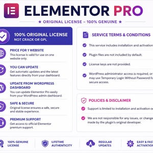 May include: An Elementor Pro information graphic with a purple and white color scheme. It details service terms, conditions, and policies for a website license, including features like automatic updates, secure installation, and premium support.