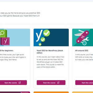 May include: A digital interface displaying an Academy section with four course cards titled AI for SEO, SEO for beginners, Yoast SEO for WordPress, and All-around SEO. Each card features a unique icon, a brief description, and a Start the course button.