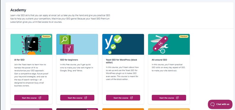 May include: A digital interface displaying an Academy section with four course cards titled AI for SEO, SEO for beginners, Yoast SEO for WordPress, and All-around SEO. Each card features a unique icon, a brief description, and a Start the course button.