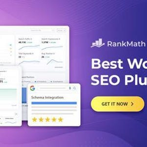 May include: A digital interface for the RankMath WordPress SEO plugin featuring analytics dashboards with charts, a schema integration box with five yellow stars, and a yellow button with the text GET IT NOW on a purple gradient background.