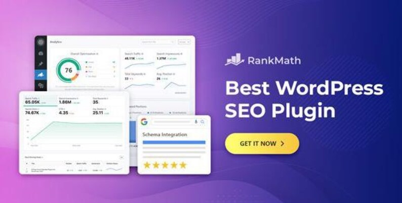 May include: A digital interface for the RankMath WordPress SEO plugin featuring analytics dashboards with charts, a schema integration box with five yellow stars, and a yellow button with the text GET IT NOW on a purple gradient background.