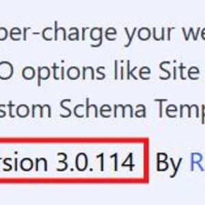 May include: The text Rank Math SEO PRO is displayed in black, followed by the word Deactivate in blue. A description lists features including Site Analytics, SEO Performance, Custom Schema Templates, and News/Video Sitemaps. Version 3.0.114 is highlighted in a red box.
