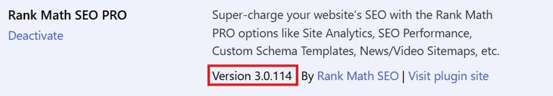 May include: The text Rank Math SEO PRO is displayed in black, followed by the word Deactivate in blue. A description lists features including Site Analytics, SEO Performance, Custom Schema Templates, and News/Video Sitemaps. Version 3.0.114 is highlighted in a red box.