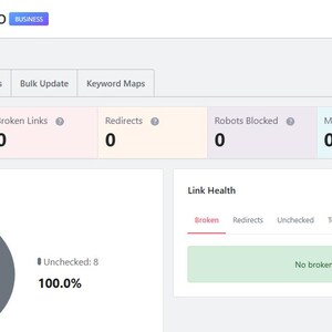 May include: A digital dashboard interface for Rank Math SEO showing an AI Link Genius overview. The screen displays metrics for working links, broken links, redirects, robots blocked, marked safe, and unchecked links, alongside a status distribution chart.