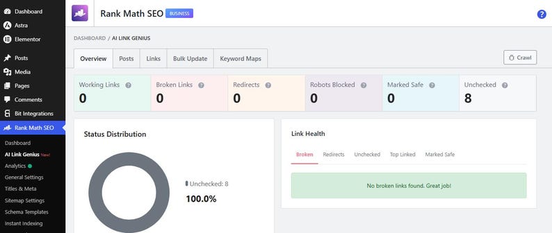 May include: A digital dashboard interface for Rank Math SEO showing an AI Link Genius overview. The screen displays metrics for working links, broken links, redirects, robots blocked, marked safe, and unchecked links, alongside a status distribution chart.