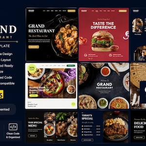 Puede incluir: Una visualizaci&oacute;n digital de la plantilla HTML Grand Restaurant que presenta m&uacute;ltiples ejemplos de dise&ntilde;o de sitios web con fotograf&iacute;a de alimentos, incluyendo hamburguesas, pasta y platos a la parrilla, junto a listas de caracter&iacute;sticas t&eacute;cnicas.