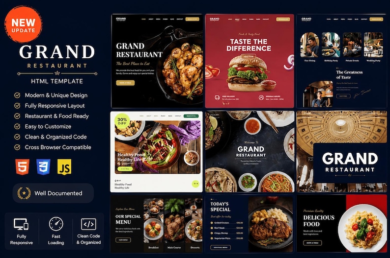 Puede incluir: Una visualizaci&oacute;n digital de la plantilla HTML Grand Restaurant que presenta m&uacute;ltiples ejemplos de dise&ntilde;o de sitios web con fotograf&iacute;a de alimentos, incluyendo hamburguesas, pasta y platos a la parrilla, junto a listas de caracter&iacute;sticas t&eacute;cnicas.