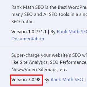 K&ouml;nnte beinhalten: Eine digitale Benutzeroberfl&auml;che mit zwei WordPress-Plugin-Eintr&auml;gen. Der erste ist Rank Math SEO Version 1.0.271.1, der zweite ist Rank Math SEO PRO Version 3.0.98, hervorgehoben durch einen roten rechteckigen Rahmen um die Versionsnummer.