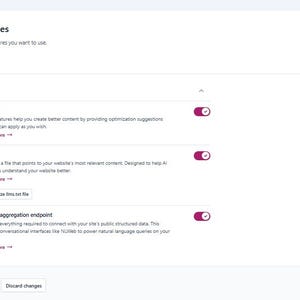 May include: A Yoast SEO dashboard interface displaying site features with AI tools including Yoast AI, lims.txt, and Schema aggregation endpoint. The screen shows toggle switches for each feature, a search bar, and a purple Save changes button.