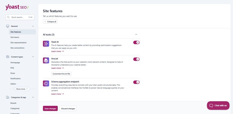 May include: A Yoast SEO dashboard interface displaying site features with AI tools including Yoast AI, lims.txt, and Schema aggregation endpoint. The screen shows toggle switches for each feature, a search bar, and a purple Save changes button.