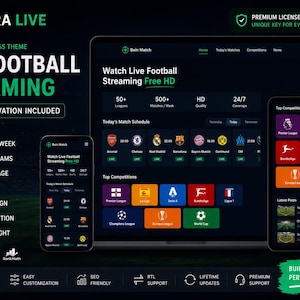 Może przedstawiać: Cyfrowa prezentacja motywu WordPress Koora Live dla sportu, obejmująca laptopa i dwa urządzenia mobilne z interfejsem do transmisji mecz&oacute;w piłki nożnej na żywo, harmonogramami spotkań oraz ikonami lig sportowych.