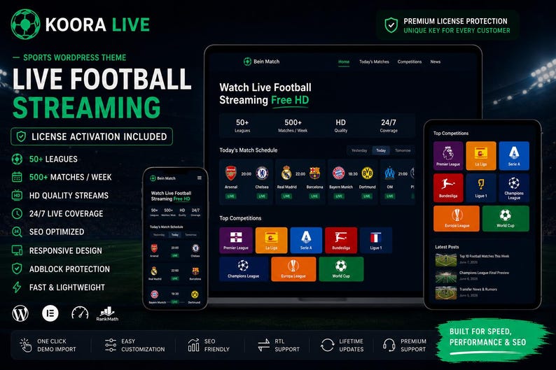 Może przedstawiać: Cyfrowa prezentacja motywu WordPress Koora Live dla sportu, obejmująca laptopa i dwa urządzenia mobilne z interfejsem do transmisji mecz&oacute;w piłki nożnej na żywo, harmonogramami spotkań oraz ikonami lig sportowych.