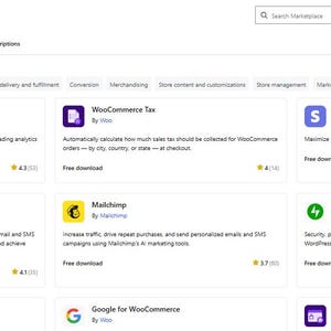 May include: A digital interface of The WooCommerce Marketplace displaying a grid of software extensions including Google Analytics, WooCommerce Tax, Stripe, Klaviyo, Mailchimp, Jetpack, WooPayments, Google for WooCommerce, and Product Add-Ons.