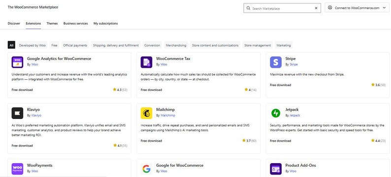 May include: A digital interface of The WooCommerce Marketplace displaying a grid of software extensions including Google Analytics, WooCommerce Tax, Stripe, Klaviyo, Mailchimp, Jetpack, WooPayments, Google for WooCommerce, and Product Add-Ons.