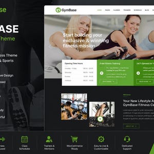 May include: A digital preview of the GymBase WordPress theme website layout. The design features a dark and green color scheme, showcasing gym imagery, opening hours, class schedules, and service highlights for fitness centers and sports clubs.