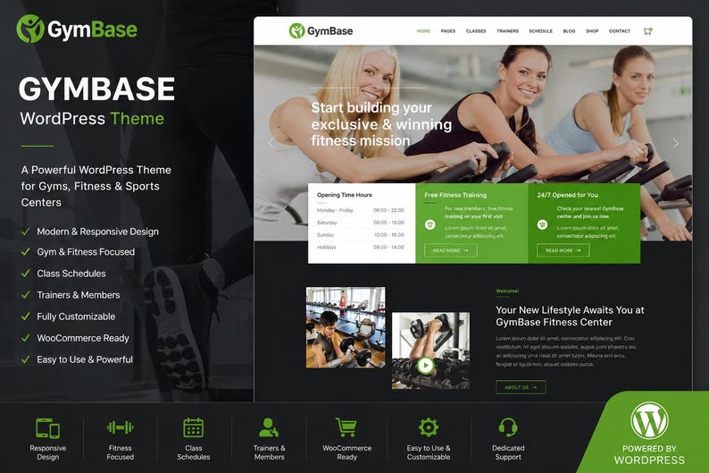 May include: A digital preview of the GymBase WordPress theme website layout. The design features a dark and green color scheme, showcasing gym imagery, opening hours, class schedules, and service highlights for fitness centers and sports clubs.