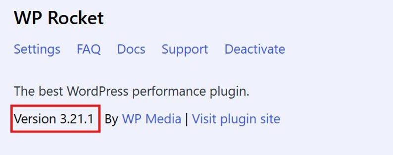 Pu&ograve; includere: Un'interfaccia digitale per il plugin di prestazioni WordPress WP Rocket, che mostra il testo WP Rocket, Settings, FAQ, Docs, Support, Deactivate, The best WordPress performance plugin e Version 3.21.1 by WP Media con un riquadro rosso.