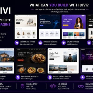 May include: A digital infographic titled DIVI, showcasing website building capabilities. It features eight website layout examples, including e-commerce, business, courses, and portfolios, with icons and text describing features like drag and drop builder.