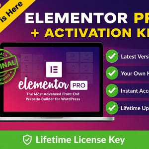 May include: A laptop screen displays the Elementor Pro logo and text, with a purple and red gradient background. Text includes V4.4.5 is Here, Elementor Pro + Activation Key, and features like Latest Version 4.4.5, Your Own Key, Instant Access, and Lifetime Updates.